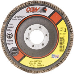 Camel Grinding Wheels - 60 Grit, 4-1/2" Disc Diam, 5/8-11 Center Hole, Type 29 Zirconia Alumina Flap Disc - 13,300 Max RPM, Poly Cotton Backing, Arbor Attaching System, Coated - Exact Tooling
