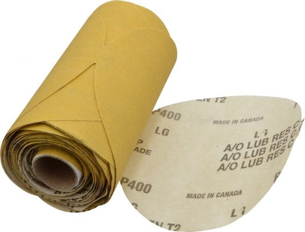 Norton - 5" Diam, 400 Grit Aluminum Oxide Adhesive PSA Disc - Super Fine Grade, Gold, C Weighted Backing, Flexible - Exact Tooling