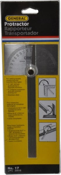 General - 6 Inch Long Blade, 180° Max Measurement, 1° Dial Graduation, Rectangular Head Protractor - Accuracy Up to 1°, 0 to 180 Dial Range - Exact Tooling