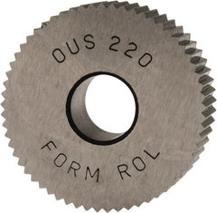 Made in USA - 1" Diam, 90° Tooth Angle, 20 TPI, Standard (Shape), Form Type High Speed Steel Straight Knurl Wheel - 3/8" Face Width, 5/16" Hole, Circular Pitch, Bright Finish, Series OU - Exact Tooling