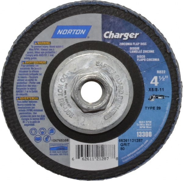 Norton - 80 Grit, 4-1/2" Disc Diam, 5/8-11 Center Hole, Type 29 Zirconia Alumina Flap Disc - 13,000 Max RPM, Fiberglass Backing, Arbor Attaching System, Coated - Exact Tooling