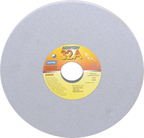 Norton - 8" Diam x 1-1/4" Hole x 1/2" Thick, I Hardness, 100 Grit Surface Grinding Wheel - Aluminum Oxide, Type 1, Fine Grade, 3,600 Max RPM, Vitrified Bond, No Recess - Exact Tooling
