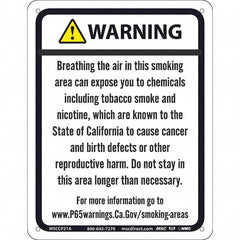 NMC - "WARNING BREATHING THE AIR IN THIS SMOKING AREA CAN EXPOSE YOU TO CHEMICALS\x85", 8-1/2" Long x 11" Wide, Aluminum Safety Sign - Rectangle, 0.04" Thick, Use for Hazardous Materials - Exact Tooling