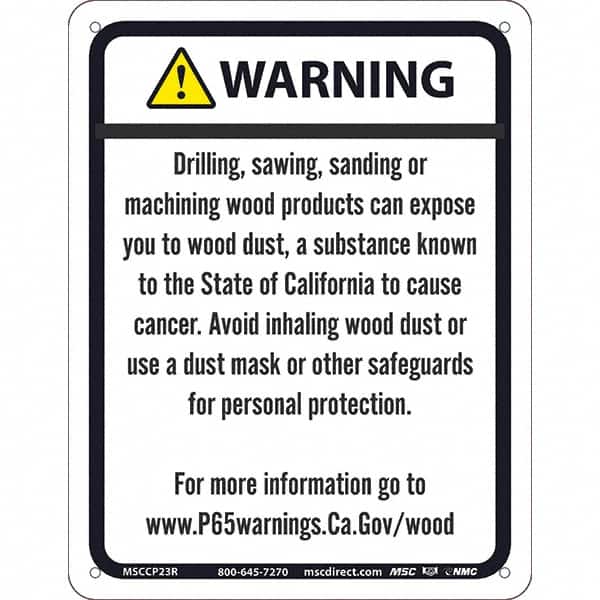 NMC - "WARNING DRILLING, SAWING, SANDING OR MACHINING WOOD PRODUCTS CAN EXPOSE YOU TO WOOD DUST\x85", 8-1/2" Long x 11" Wide, Rigid Plastic Safety Sign - Rectangle, 0.05" Thick, Use for Hazardous Materials - Exact Tooling