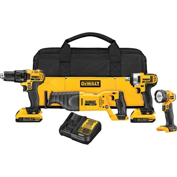 DeWALT - 20 Volt Cordless Tool Combination Kit - Includes 1/2" Drill/Driver, 1/2" Impact Wrench, Reciprocating Saw & Handheld Light, Lithium-Ion Battery Included - Exact Tooling