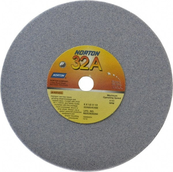Norton - 6" Diam x 1/2" Hole x 1/2" Thick, K Hardness, 60 Grit Surface Grinding Wheel - Aluminum Oxide, Type 1, Medium Grade, 4,140 Max RPM, Vitrified Bond, No Recess - Exact Tooling