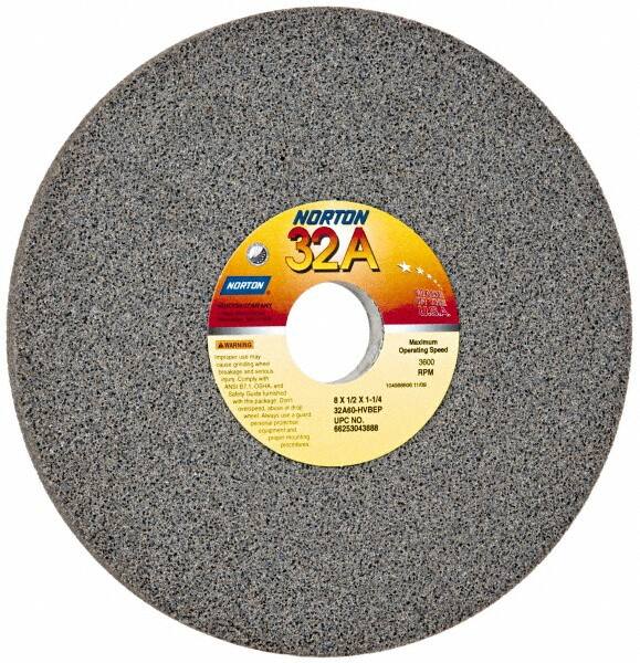 Norton - 8" Diam x 1-1/4" Hole x 1/2" Thick, H Hardness, 60 Grit Surface Grinding Wheel - Aluminum Oxide, Type 1, Medium Grade, 3,600 Max RPM, Vitrified Bond, No Recess - Exact Tooling