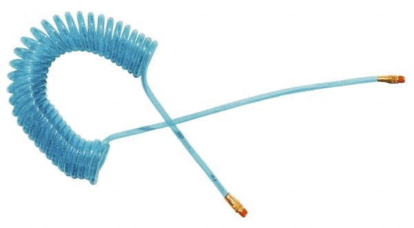 Coilhose Pneumatics - 1/4" ID, 1/4 Thread, 20' Long, Transparent Blue Polyurethane Coiled & Self Storing Hose - 125 Max psi, Male Swivel x Male Swivel - Exact Tooling