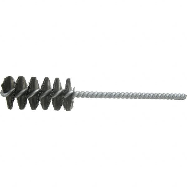 Brush Research Mfg. - 11/16" Diam Helical Steel Tube Brush - Single Spiral, 0.008" Filament Diam, 1-1/2" Brush Length, 5" OAL, 0.22" Diam Galvanized Steel Shank - Exact Tooling