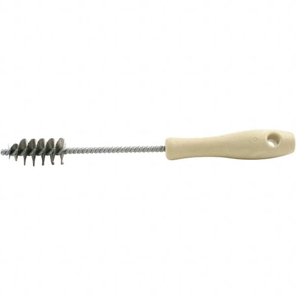 Brush Research Mfg. - 0.975" Diam Helical Stainless Steel Tube Brush - Single Spiral, 0.006" Filament Diam, 2" Brush Length, 10-1/2" OAL, 0.245" Diam Plastic Handle Shank - Exact Tooling