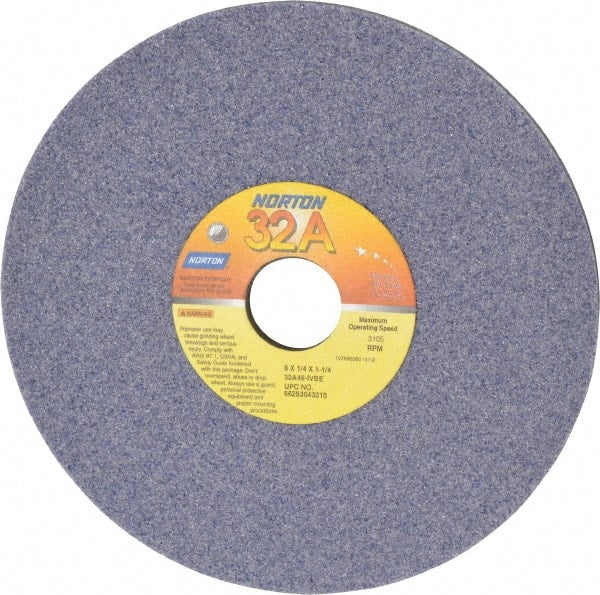 Norton - 8" Diam x 1-1/4" Hole x 1/4" Thick, I Hardness, 46 Grit Surface Grinding Wheel - Aluminum Oxide, Type 1, Coarse Grade, 3,105 Max RPM, Vitrified Bond, No Recess - Exact Tooling