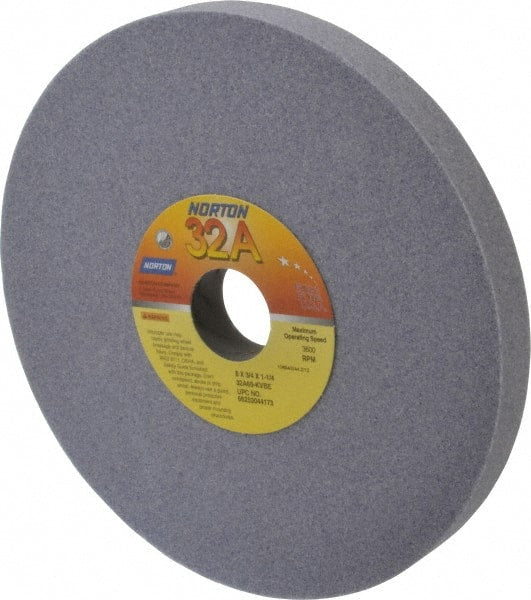 Norton - 8" Diam x 1-1/4" Hole x 3/4" Thick, K Hardness, 60 Grit Surface Grinding Wheel - Aluminum Oxide, Type 1, Medium Grade, 3,600 Max RPM, Vitrified Bond, No Recess - Exact Tooling