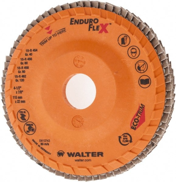 WALTER Surface Technologies - 40 Grit, 4-1/2" Disc Diam, 7/8" Center Hole, Zirconia Alumina Flap Disc - 13,300 Max RPM, Plastic Backing, Arbor Attaching System, Coated - Exact Tooling