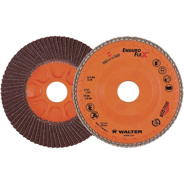 WALTER Surface Technologies - 80 Grit, 4-1/2" Disc Diam, 7/8" Center Hole, Zirconia Alumina Flap Disc - 13,300 Max RPM, Plastic Backing, Arbor Attaching System, Coated - Exact Tooling