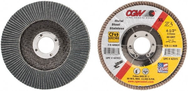 Camel Grinding Wheels - 80 Grit, 4-1/2" Disc Diam, 7/8" Center Hole, Type 29 Zirconia Alumina Flap Disc - 13,300 Max RPM, Poly Cotton Backing, Arbor Attaching System, Coated - Exact Tooling