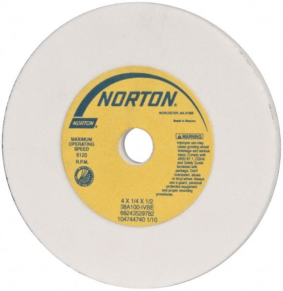 Norton - 100 Grit Aluminum Oxide Type 1 Internal Grinding Wheel - 4" Diam x 1/2" Hole x 1/4" Thick, 8,120 Max RPM, Type 1 Fine Grade, I Hardness, Vitrified Bond, No Recess - Exact Tooling