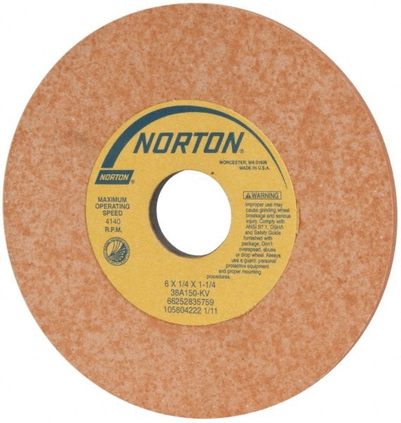 Norton - 6" Diam x 1-1/4" Hole x 1/4" Thick, K Hardness, 150 Grit Surface Grinding Wheel - Aluminum Oxide, Type 1, Very Fine Grade, 4,140 Max RPM, Vitrified Bond, No Recess - Exact Tooling