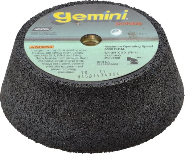 Norton - 6" Diam, 2" Overall Thickness, 16 Grit, Type 11 Tool & Cutter Grinding Wheel - Very Coarse Grade, Aluminum Oxide/Silicon Carbide Blend, Q Hardness, 6,000 RPM - Exact Tooling