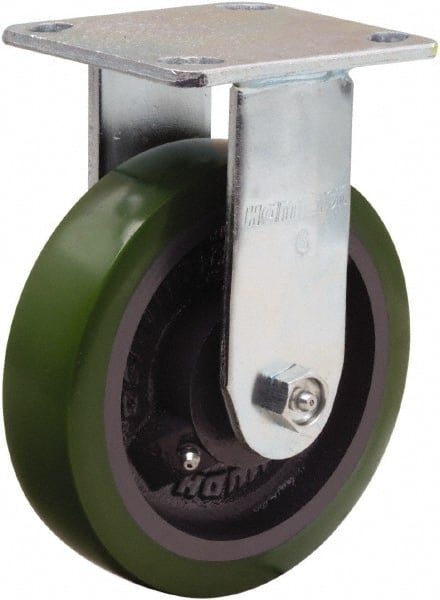 Hamilton - 6" Diam x 1-1/2" Wide x 7-1/2" OAH Top Plate Mount Rigid Caster - Polyurethane Mold onto Cast Iron Center, 550 Lb Capacity, Straight Roller Bearing, 4 x 4-1/2" Plate - Exact Tooling