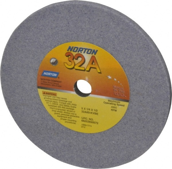 Norton - 60 Grit Aluminum Oxide Type 1 Internal Grinding Wheel - 5" Diam x 1/2" Hole x 1/4" Thick, 4965 Max RPM, Type 1 Medium Grade, K Hardness, Vitrified Bond, No Recess - Exact Tooling
