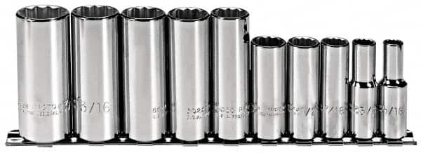 Proto - 10 Piece 3/8" Drive Deep Well Socket Set - 12 Points, 5/16" to 7/8" Range, Inch Measurement Standard - Exact Tooling