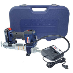 Lincoln - Grease Guns; Type: Battery-Operated Grease Gun ; Capacity (oz.): 14.50 ; Hose Length (Inch): 36 ; Rigid or Flexible Hose: Flexible ; Fill Type: Cartridge ; Continuous Flow Rate (oz./min): 3.50 - Exact Tooling