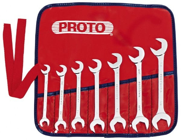 Proto - 7 Piece, 3/8" to 7/8", Open End Wrench Set - Inch Measurement Standard, Full Polish Finish, Comes in Nylon Roll - Exact Tooling
