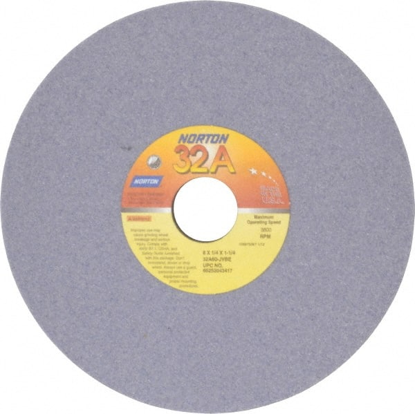 Norton - 8" Diam x 1-1/4" Hole x 1/4" Thick, J Hardness, 60 Grit Surface Grinding Wheel - Aluminum Oxide, Type 1, Medium Grade, 3,600 Max RPM, Vitrified Bond, No Recess - Exact Tooling
