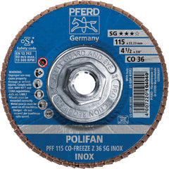 PFERD - Flap Discs; Abrasive Type: Coated ; Flap Disc Type: Type 27 ; Disc Diameter (Inch): 4-1/2 ; Abrasive Material: Ceramic Oxide ; Grit: 36 ; Attaching System: Threaded Hole - Exact Tooling