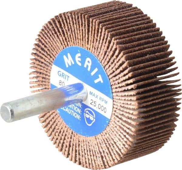 Merit Abrasives - 2" Diam x 3/4" Face Width, Medium Ceramic Alumina Coated Mounted Flap Wheel - 1/4" Shank Mount, 80 Grit, Cloth Backing, 25,000 Max RPM - Exact Tooling