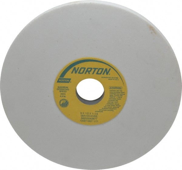 Norton - 8" Diam x 1-1/4" Hole x 1/2" Thick, K Hardness, 100 Grit Surface Grinding Wheel - Aluminum Oxide, Type 1, Fine Grade, 3,600 Max RPM, Vitrified Bond, No Recess - Exact Tooling
