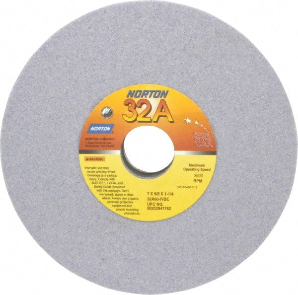 Norton - 7" Diam x 1-1/4" Hole x 5/8" Thick, I Hardness, 60 Grit Surface Grinding Wheel - Aluminum Oxide, Type 1, Medium Grade, 3,600 Max RPM, Vitrified Bond, No Recess - Exact Tooling