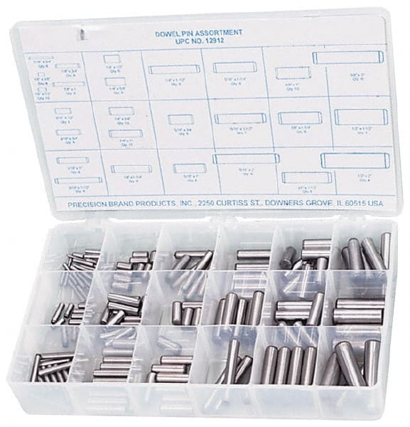 Precision Brand - 176 Piece, 1/16 to 1/2" Pin Diam, Dowel Pin Assortment - 1/2 to 2" Long, Steel, Uncoated - Exact Tooling