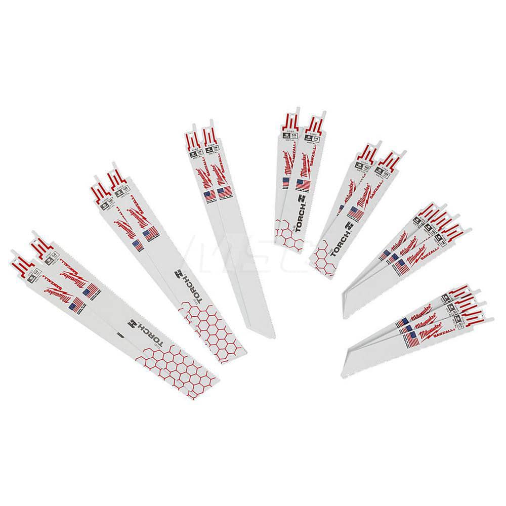 Reciprocating Saw Blade Sets; Blade Material: Bi-Metal; Profile Shape: Straight; Maximum Teeth Per Inch: 24; Minimum Teeth Per Inch: 14; Cutting Edge Style: Sharp; Number of Pieces: 16; Includes: (2) 9″ 14TPI Blades, (2) 9″ 18TPI Blades, (2) 9″ 18 TPI Thi