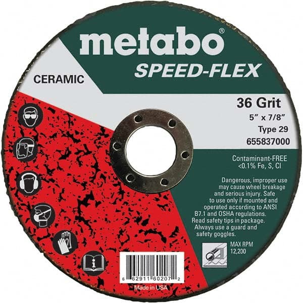 Metabo - 5" Diam, 7/8" Hole, 36 Grit Ceramic Alumina Fiber Disc - Exact Tooling