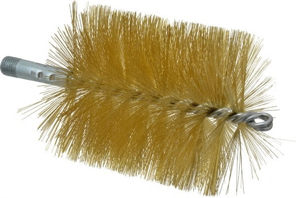 Schaefer Brush - 4-1/2" Brush Length, 4" Diam, Double Stem, Single Spiral Tube Brush - 8" Long, Brass, 1/4" NPSM Male Connection - Exact Tooling