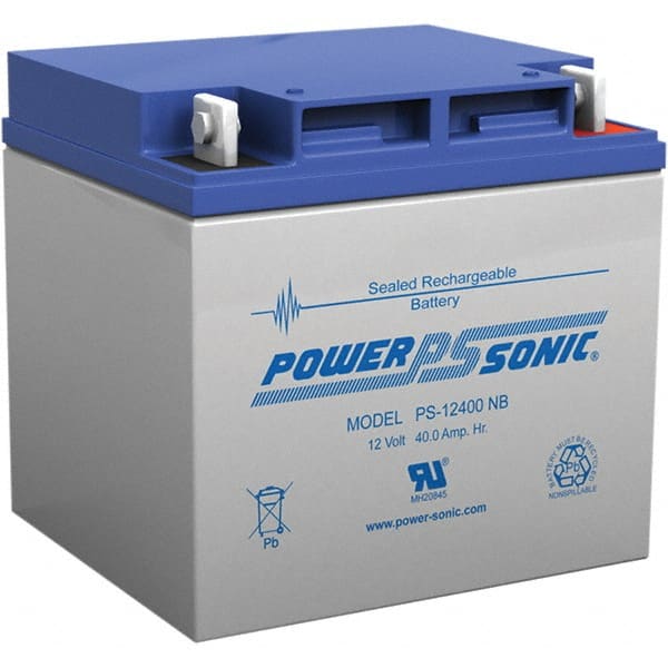 Power-Sonic - Lead-Acid, Nut/Bolt Terminal, 12 Volt, 40 Amp, Lead Rechargeable Battery - 7.5mm Hole Diam, 6mm Tab Thickness, 6-1/2" Wide x 6.69" High x 7.76" Deep - Exact Tooling