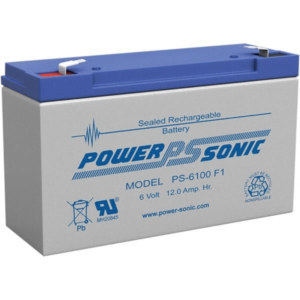 Power-Sonic - Lead-Acid, Quick-Disconnect Tab Terminal, 6 Volt, 12 Amp, Lead Rechargeable Battery - 3/16" Tab Width x 0.8mm Tab Thickness, 2" Wide x 3.7" High x 5.95" Deep - Exact Tooling