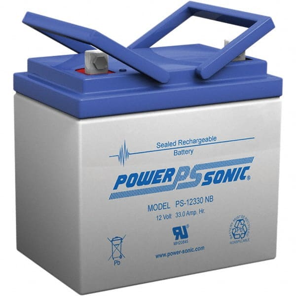 Power-Sonic - Lead-Acid, Nut/Bolt Terminal, 12 Volt, 33 Amp, Lead Rechargeable Battery - 6mm Hole Diam, 6mm Tab Thickness, 5.14" Wide x 6.22" High x 7.72" Deep - Exact Tooling