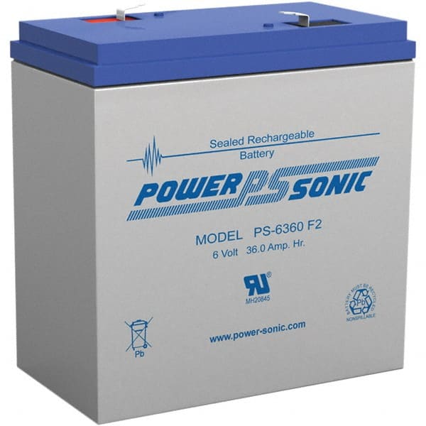 Power-Sonic - Lead-Acid, Quick-Disconnect Tab Terminal, 6 Volt, 36 Amp, Lead Rechargeable Battery - 1/4" Tab Width x 0.8mm Tab Thickness, 3.35" Wide x 6-1/2" High x 6-1/4" Deep - Exact Tooling