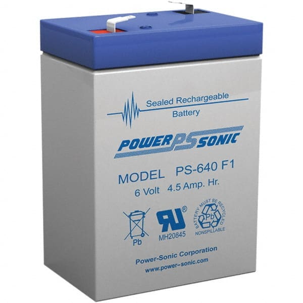 Power-Sonic - Lead-Acid, Quick-Disconnect Tab Terminal, 6 Volt, 4.5 Amp, Lead Rechargeable Battery - 3/16" Tab Width x 0.8mm Tab Thickness, 1.86" Wide x 3.94" High x 2.76" Deep - Exact Tooling