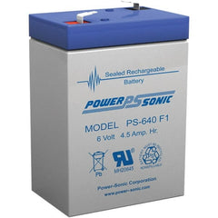 Power-Sonic - Lead-Acid, Quick-Disconnect Tab Terminal, 6 Volt, 4.5 Amp, Lead Rechargeable Battery - 3/16" Tab Width x 0.8mm Tab Thickness, 1.86" Wide x 3.94" High x 2.76" Deep - Exact Tooling