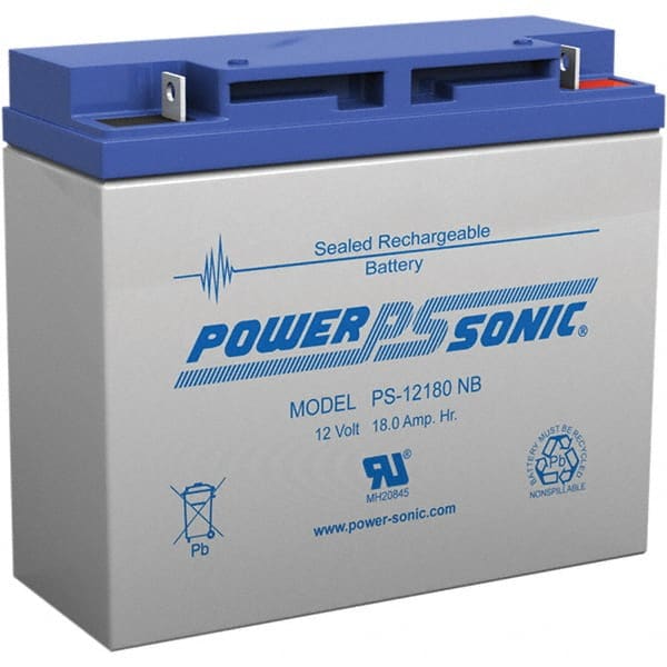 Power-Sonic - Lead-Acid, Nut/Bolt Terminal, 12 Volt, 18 Amp, Lead Rechargeable Battery - 5mm Hole Diam, 2mm Tab Thickness, 3" Wide x 6.59" High x 7.13" Deep - Exact Tooling