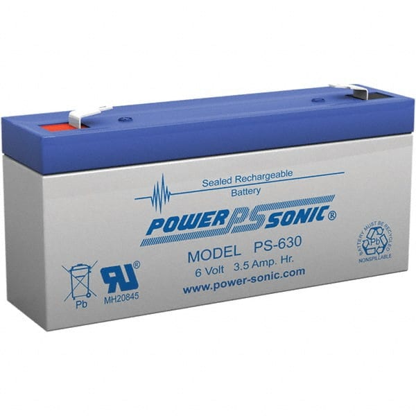Power-Sonic - Lead-Acid, Quick-Disconnect Tab Terminal, 6 Volt, 3.5 Amp, Lead Rechargeable Battery - 3/16" Tab Width x 0.8mm Tab Thickness, 1.34" Wide x 2.35" High x 5.28" Deep - Exact Tooling