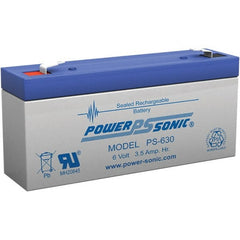 Power-Sonic - Lead-Acid, Quick-Disconnect Tab Terminal, 6 Volt, 3.5 Amp, Lead Rechargeable Battery - 3/16" Tab Width x 0.8mm Tab Thickness, 1.34" Wide x 2.35" High x 5.28" Deep - Exact Tooling