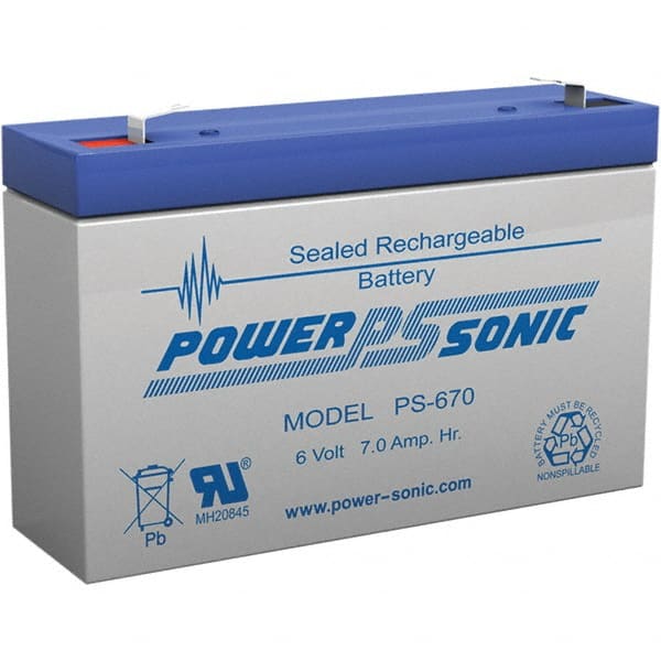 Power-Sonic - Lead-Acid, Quick-Disconnect Tab Terminal, 6 Volt, 7 Amp, Lead Rechargeable Battery - 3/16" Tab Width x 0.8mm Tab Thickness, 1.34" Wide x 3.7" High x 5.95" Deep - Exact Tooling
