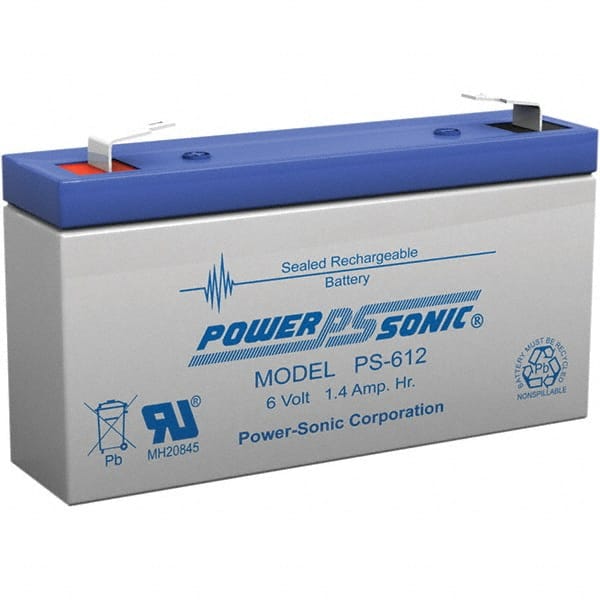 Power-Sonic - Lead-Acid, Quick-Disconnect Tab Terminal, 6 Volt, 1.4 Amp, Lead Rechargeable Battery - 3/16" Tab Width x 0.8mm Tab Thickness, 0.94" Wide x 2" High x 3.82" Deep - Exact Tooling