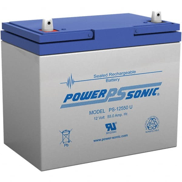 Power-Sonic - Lead-Acid, Nut/Bolt Terminal, 12 Volt, 55 Amp, Lead Rechargeable Battery - 6mm Hole Diam, 13mm Tab Thickness, 5.45" Wide x 8.15" High x 9.04" Deep - Exact Tooling