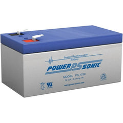 Power-Sonic - Lead-Acid, Quick-Disconnect Tab Terminal, 12 Volt, 3.4 Amp, Lead Rechargeable Battery - 3/16" Tab Width x 0.8mm Tab Thickness, 2.64" Wide x 2.36" High x 5.24" Deep - Exact Tooling