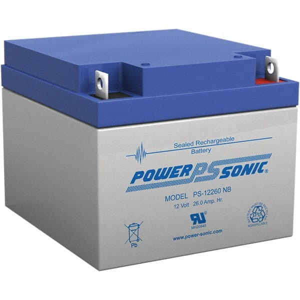 Power-Sonic - Lead-Acid, Nut/Bolt Terminal, 12 Volt, 26 Amp, Lead Rechargeable Battery - 5mm Hole Diam, 2mm Tab Thickness, 6.97" Wide x 4.92" High x 6.56" Deep - Exact Tooling